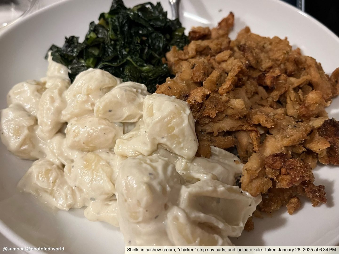 Shells in cashew cream, “chicken” strip soy curls, and lacinato kale in a white bowl. Taken January 28, 2025 at 6:34 PM.